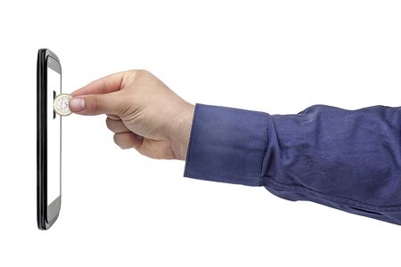 Hand inserting or withdrawl one euro coin in smartphone blank screen isolatedの写真素材