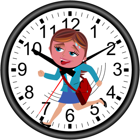 Red faced businesswoman running against time in a wall clock isolatedのイラスト素材