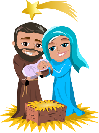 Christmas Nativity Scene featuring sacred family: joseph,little jesus and mary isolatedのイラスト素材