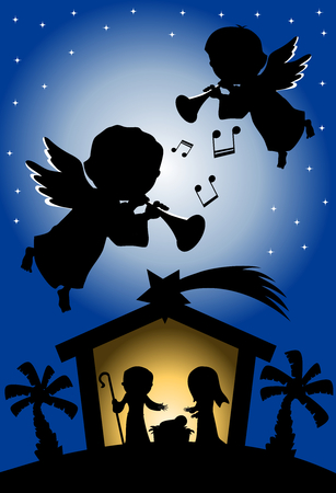 Silhouette of Christmas nativity scene against starry sky background where two angels are playing trumpetのイラスト素材
