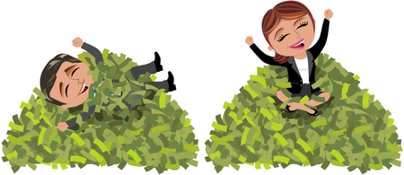 Businessman and businesswoman siting and laid back on mountain of money isolatedのイラスト素材