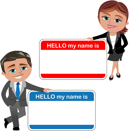 Businesswoman and businessman showing big hello my name is card isolatedのイラスト素材