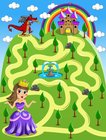 Maze Game Kid Princess Castle Red Dragonのイラスト素材