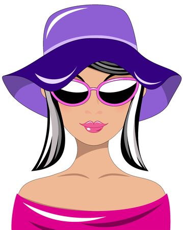 Portrait of a beautiful young black haired fashion woman with hat and sunglassesのイラスト素材