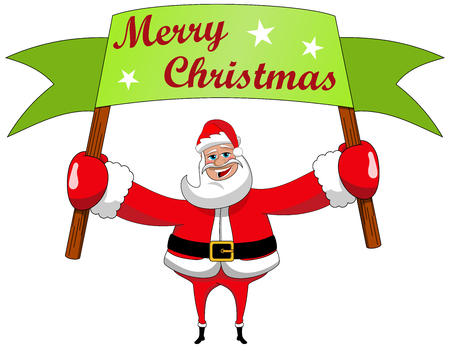 Santa claus cartoon holding and showing billboard sign isolated merry christmasのイラスト素材