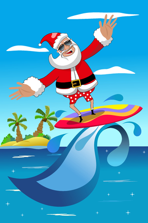 Santa Claus surfing in tropical sea with surfboardのイラスト素材