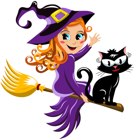 Young witch and black cat flying on a broom isolatedのイラスト素材