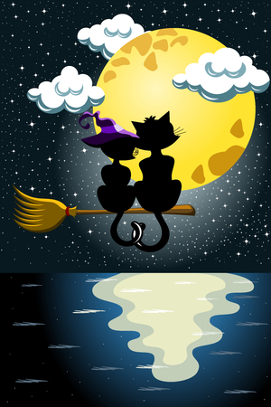 Black Cat Couple in love sitting on a magic broom watching the moon at seaのイラスト素材