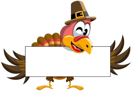 Cartoon Thanksgiving Turkey holding blank banner isolatedのイラスト素材