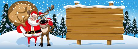 Xmas banner featuring Santa Claus hugging reindeer next to wooden sign in the snowのイラスト素材
