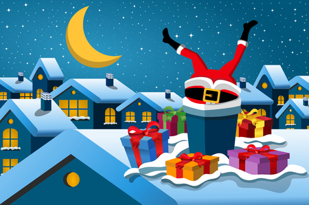 Santa Claus stuck in the chimney upside down at christmas nightのイラスト素材
