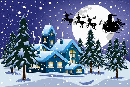 Silhouette of santa claus on sleigh or sled in winter christmas nighttime flying over little town under snowfallのイラスト素材