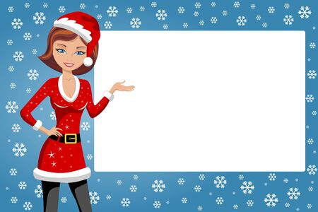 Beautiful woman in xmas dress presenting blank frame against snow flakes backgroundのイラスト素材