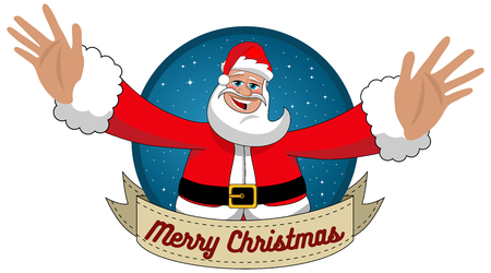 Happy Santa Claus with open arms wishing Merry Christmas in Round Frame isolatedのイラスト素材
