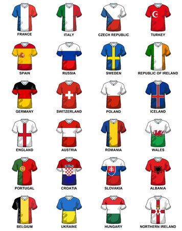 t-shirts with flags of european countries Participating to the final tournament of Euro 2016 football championshipのイラスト素材
