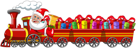 Cartoon Santa Claus Delivering gifts driving steam locomotive with three wagons isolatedのイラスト素材