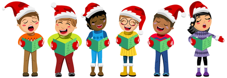 Multicultural kids wearing xmas hat and singing Christmas carol isolatedのイラスト素材