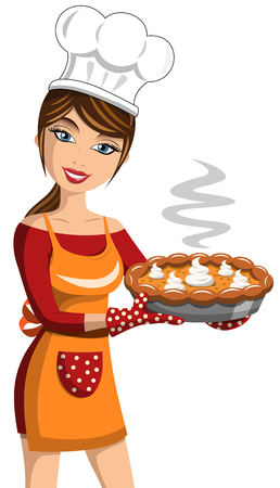 Smiling Woman Cook showing Thanksgiving Pumpkin Pie isolatedのイラスト素材