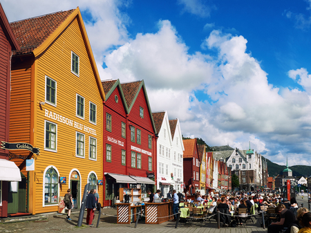 Bergen, Norway- June 2016: Famous Bryggen street in Bergen Norwayのeditorial素材