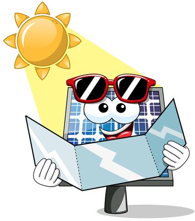 Happy Cartoon solar panel having sunbathe holding reflective card isolatedのイラスト素材
