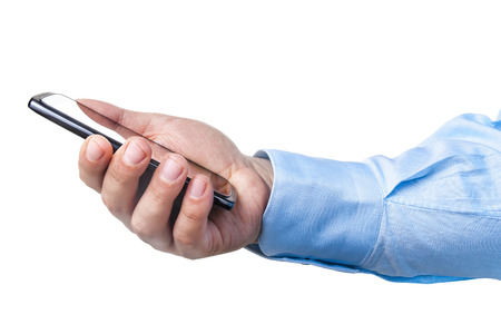 Businessman holding looking checking smartphone isolatedの写真素材