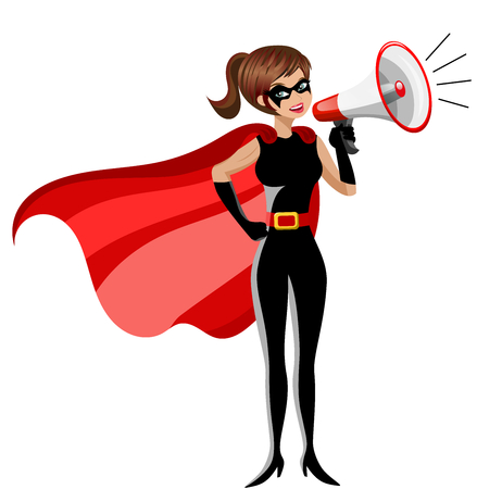 Superhero woman standing and speaking with megaphone isolatedのイラスト素材