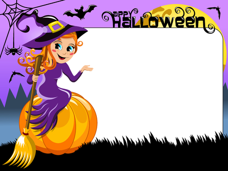 Young beautiful witch sitting on pumpkin and presenting blank white frameのイラスト素材