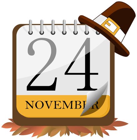Thanksgiving Day calendar on floor of autumn leaves with pilgrim hat on top isolatedのイラスト素材