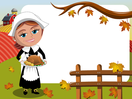 Thanksgiving day background pilgrim woman serving traditional roast turkey horizontal frameのイラスト素材