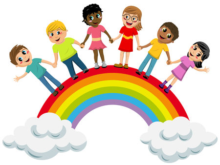 Multiracial Children or kids hand in hand standing on rainbow isolatedのイラスト素材