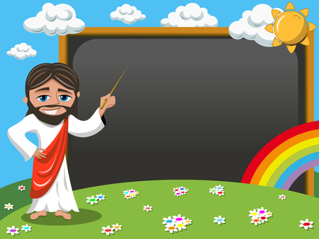 Cartoon jesus teaching holding stick in front of blank blackboard or chalkboard in the meadowのイラスト素材