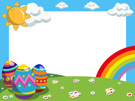 Easter horizontal frame with decorated eggs and raibow in the meadowのイラスト素材