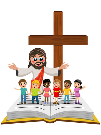 Cartoon open arms Jesus in front of kids or children hand in hand on open bible or gospel isolatedのイラスト素材