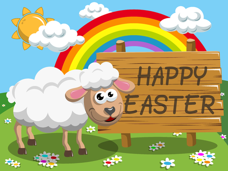 Cartoon sheep happy easter wooden banner in the meadowのイラスト素材