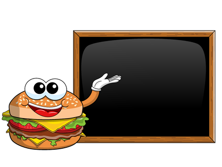 Cartoon hamburger character presenting blank blackboard or chalkboard isolatedのイラスト素材