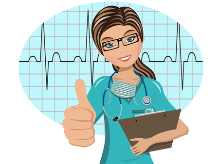 Woman doctor thumb up against ecg exam background isolatedのイラスト素材
