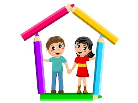 Girl and boy hand in hand inside school shaped with colored pencils isolatedのイラスト素材