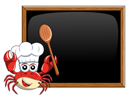 Crab chef mascot presenting or teaching at blank blackboard or chalkboard isolatedのイラスト素材