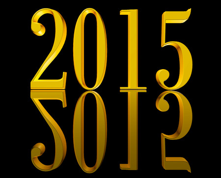 Shining golden 3D text New Year 2015 on black background with reflectionの写真素材