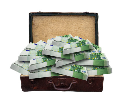 Vintage suitcase full of euro banknotes isolated