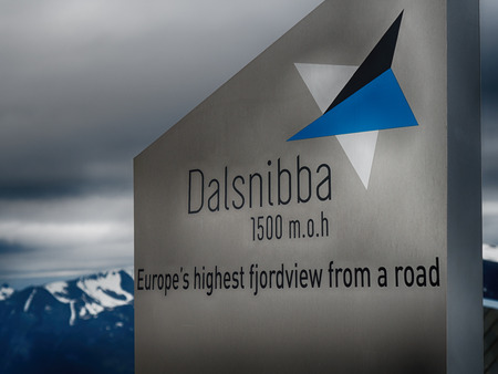Dalsnibba mountain viewpoint plate against dramatic sky in Norwayの写真素材
