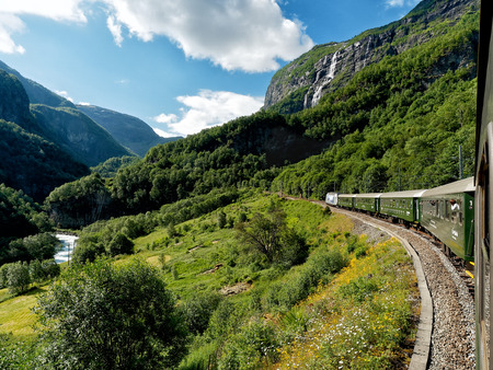 Flam, Norway - 2016 June: Flamsbana train going on Flam Railway in Flam, Norwayのeditorial素材