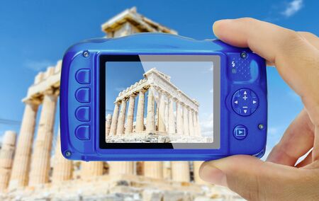 Taking picture of acropolis athens greece compact camera display pov
