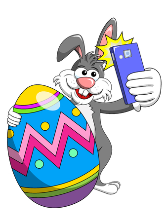 bunny or rabbit taking selfie photo smartphone with decorated egg easter isolated on whiteのイラスト素材