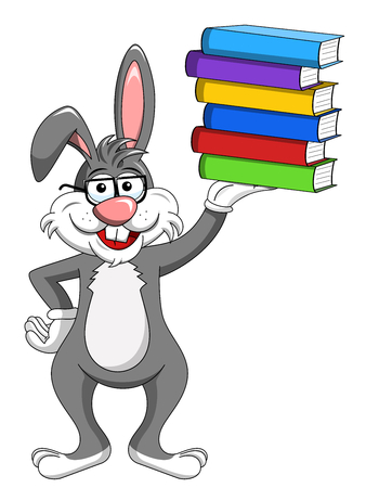Bunny rabbit wearing glasses holding stack of books isolated のイラスト素材