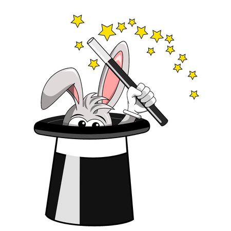 Bunny or rabbit cartoon holding magician stick and popping up from top hatのイラスト素材