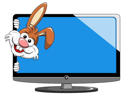 Cartoon funny character or mascot peeking from modern flat tv or television isolated on whiteのイラスト素材