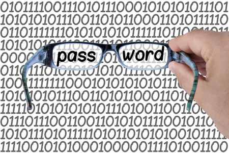 Sniffing password digital world concept hand holding glasses isolated on whiteの写真素材
