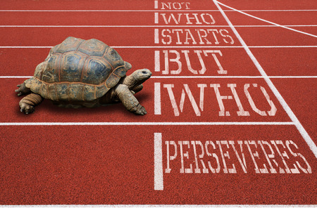 Turtle running athletic track motivational quoteの写真素材