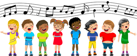 Happy multicultural kids or children standing and singing in a chorus isolatedのイラスト素材